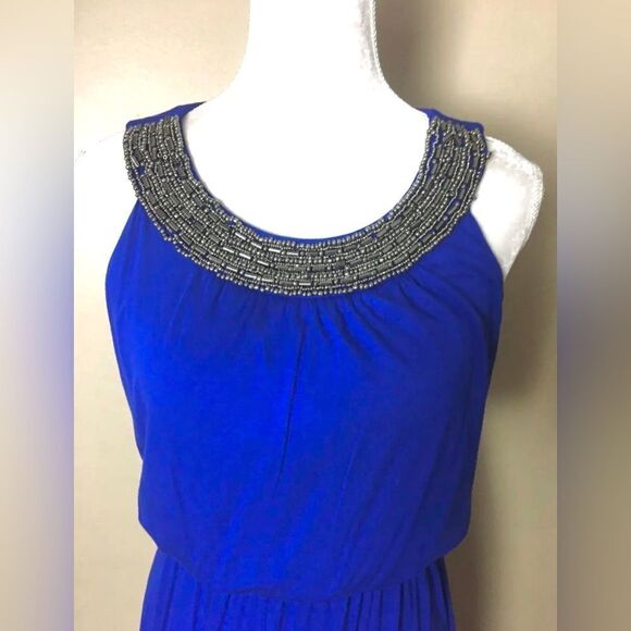 AB Studio Sleeveless Beaded Neck Blue Maxi Dress Women Size Small - Picture 3 of 4